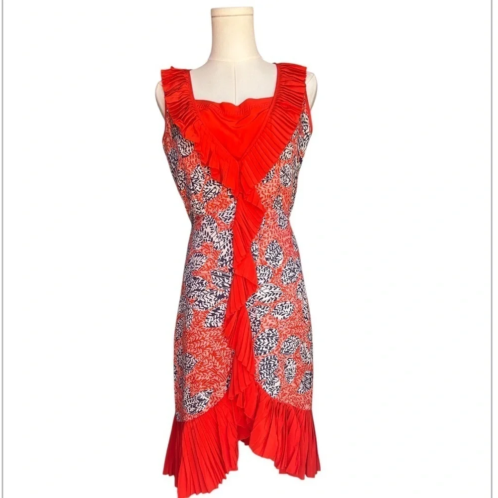 Tory Burch Silk Janette Dress Women's Size 2 Orange & Blue Ruffle A-Line